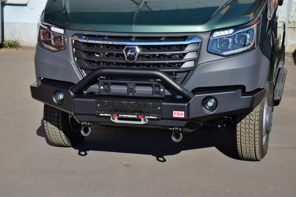 Бампер силовой передний для ГАЗ Соболь NN под штатные фары, с центральной защитной дугой, стандарт РИФ