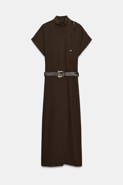 ZARA ПЛАТЬЕ МИДИ С ПОЯСОМ, КОРИЧНЕВЫЙ