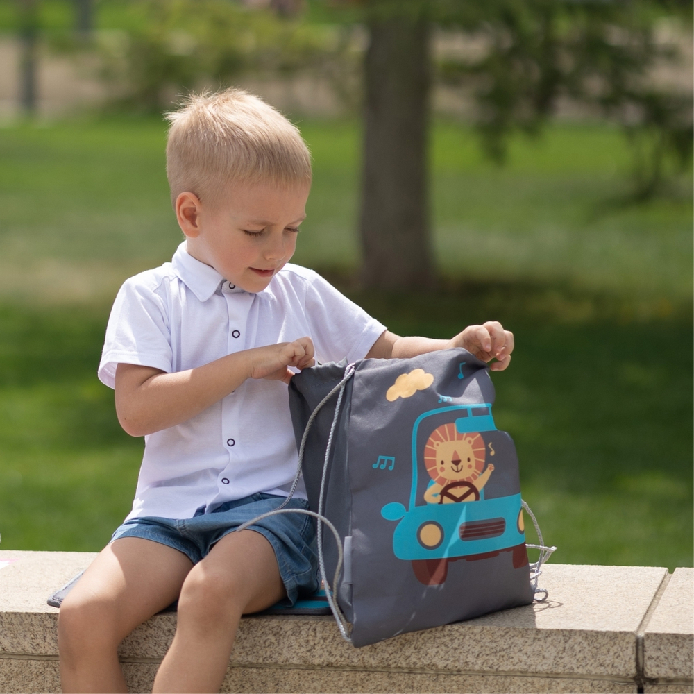 Набор для детского сада: кармашек, коврик, мешок. Львенок в машинке