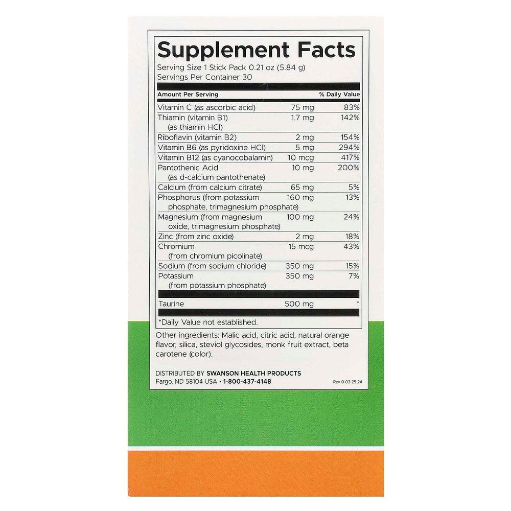 Swanson, Simply Hydrate, смесь для гидратации электролитов, апельсин, 30 пакетиков в стиках по 5,84 г (0,21 унции)