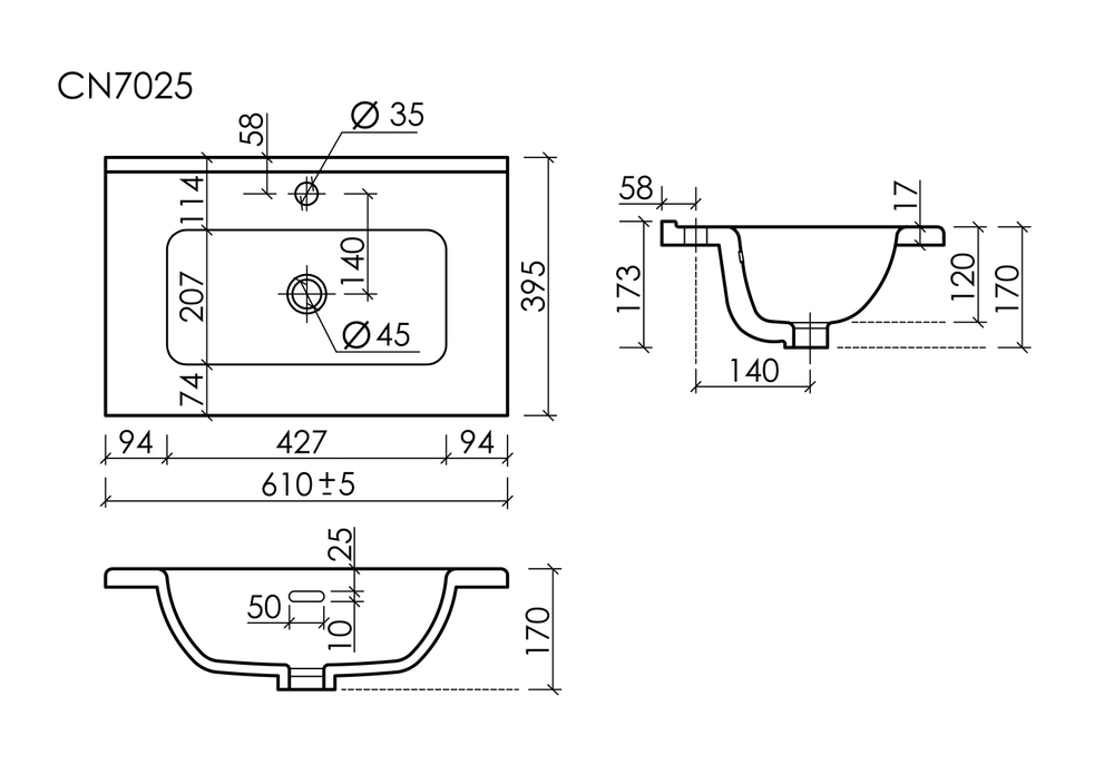 CN7025 Раковина мебельная накладная Compact 610x395x170, цвет белый