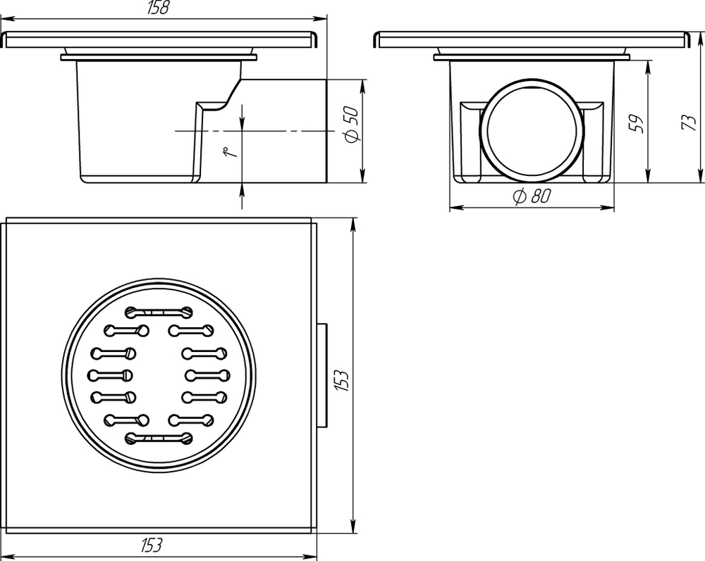 AQUANT ТРАП КВАД 150Х150ММ С ГЛЯН НЕРЖ.РЕШ, ГОРИЗ 50 ММ (ST2215-21-MR)