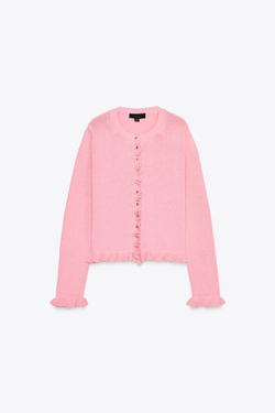 ZARA ТРИКОТАЖНЫЙ КАРДИГАН С ВОЛАНАМИ, РОЗОВЫЙ