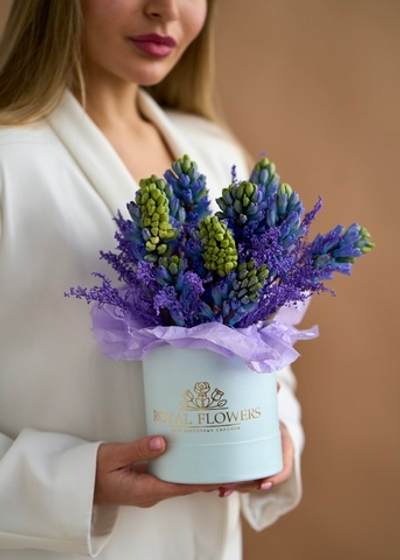 Композиция в боксе из 11 гиацинтов и зелени