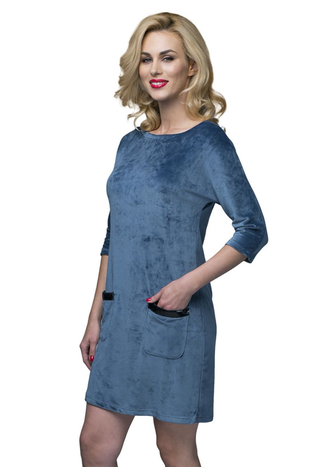 Короткое платье с пайетками на кармашках (Размер: XL) (Цвет: голубой)