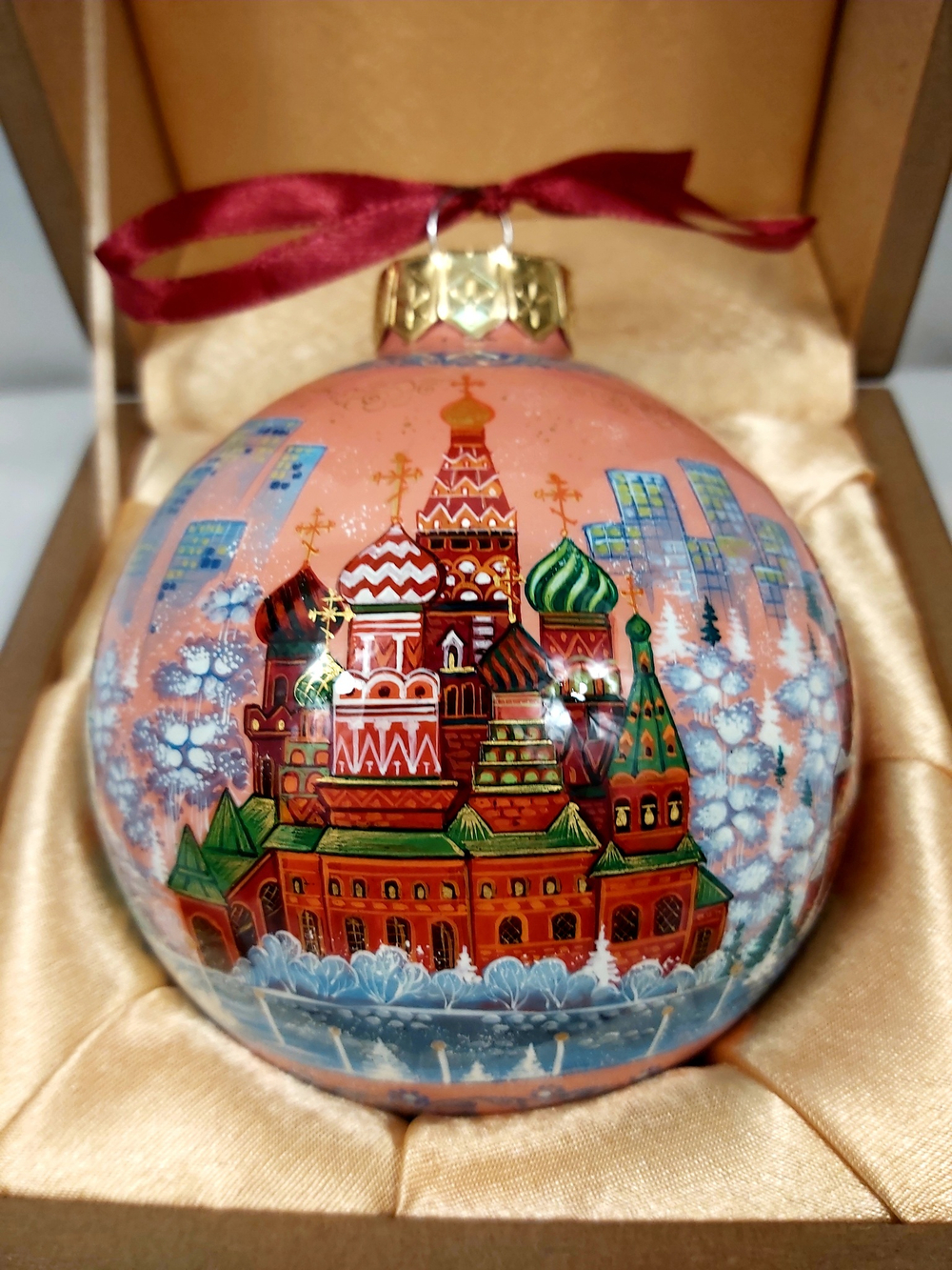 Шар новогодний с ручной росписью Палех "Москва златоглавая" в футляре