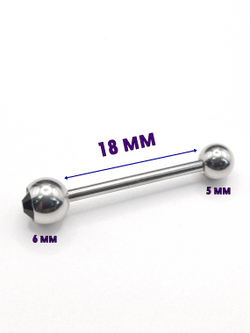 Штанга 18 мм для пирсинга языка, с кристалом 6 мм и шариком 5 мм из медицинской стали. 1шт.