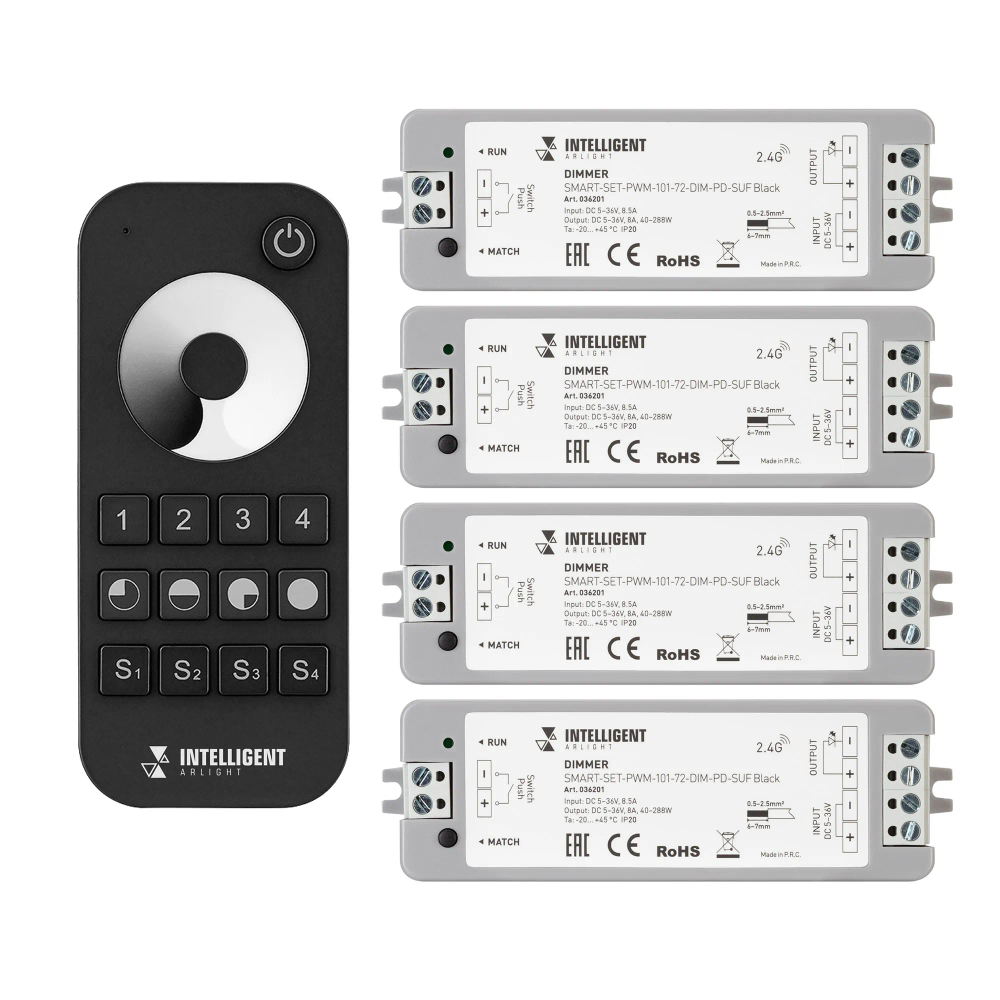 INTELLIGENT ARLIGHT Диммер SMART-SET-PWM-101-72-DIM-PD-SUF Black (5-36V, 1x8A, x4, ПДУ 13кн, 2.4G) (IARL, IP20 Пластик, 5 лет) 036201