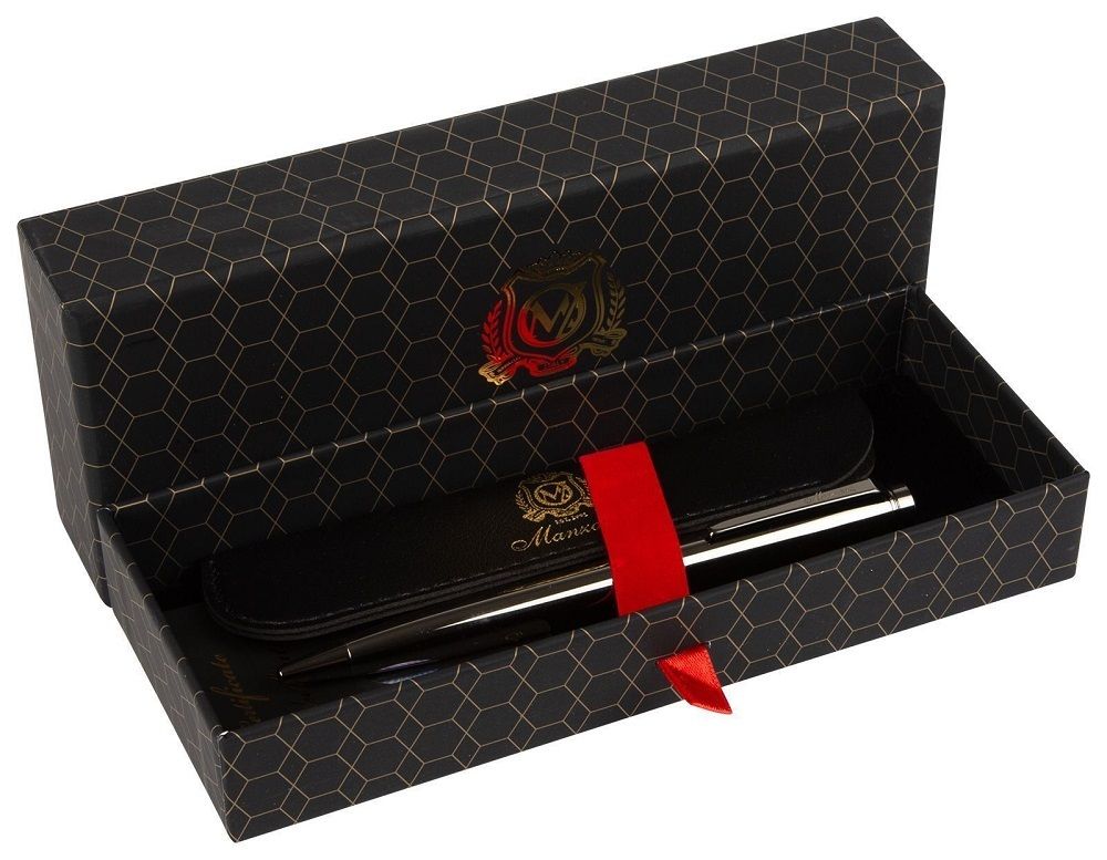 Ручка шариковая Manzoni Pavia синяя, объёмный стержень, поворотная, кожаный чехол