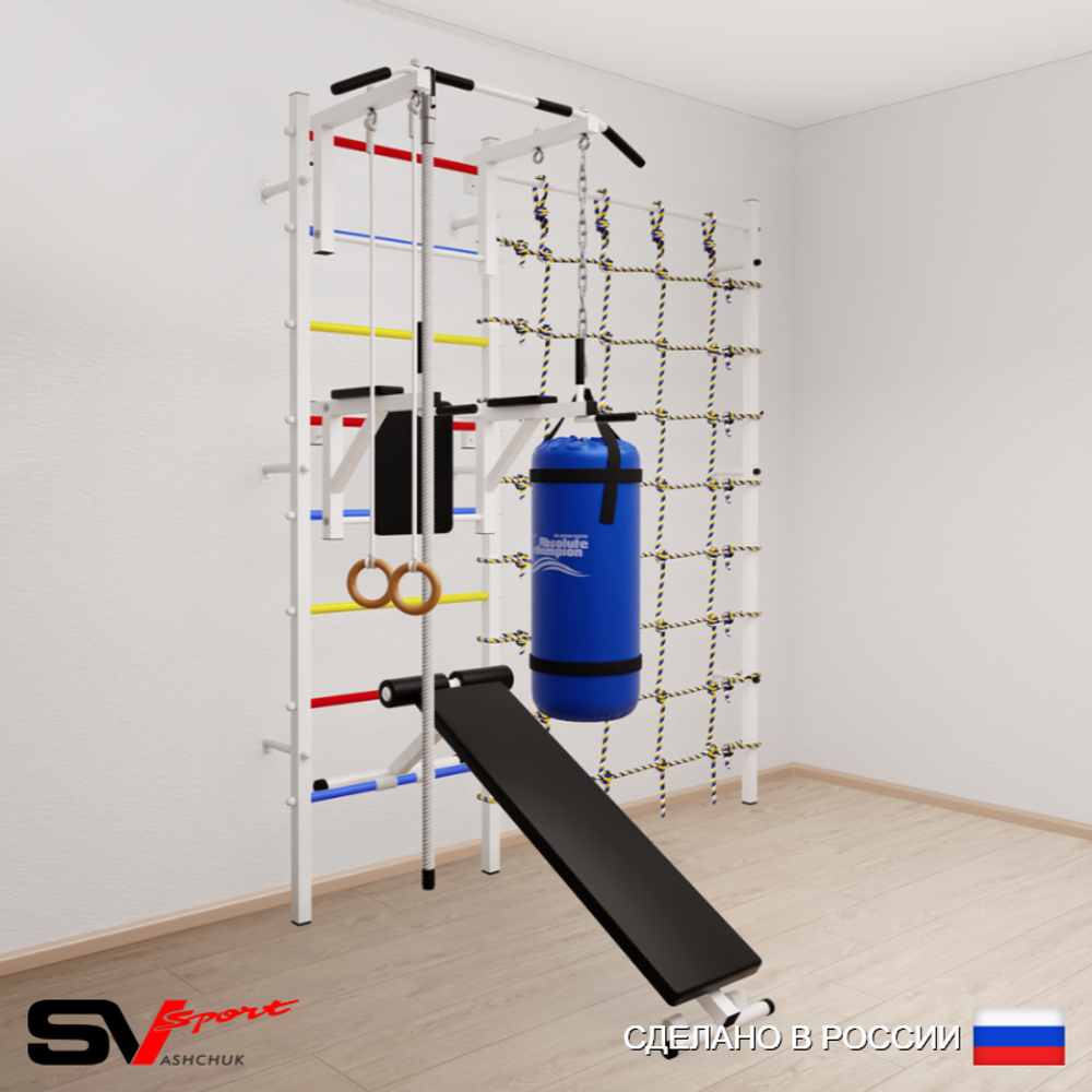 Шведская стенка Sv Sport усиленная 68420 (Турник стандарт/Брусья/Скамья/Канат/Кольца/Цепь/Мешок 22кг/Канатный лаз)