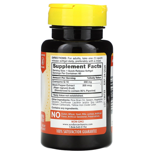Sundance Vitamins, Коэнзим Q10, абсорбируемый, 200 мг, 60 капсул с быстрым высвобождением