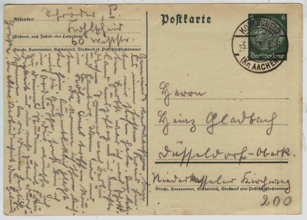 Почтовая карточка - Германия - 1938 год, подписана, прошла почту. (Кольшайд - Аахен)