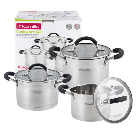 Набор кастрюль 6 предметов из нержавеющей стали Kamille KM 5752 (2,0 л; 2,7 л; 3,7 л) с силиконовыми вставками на ручках