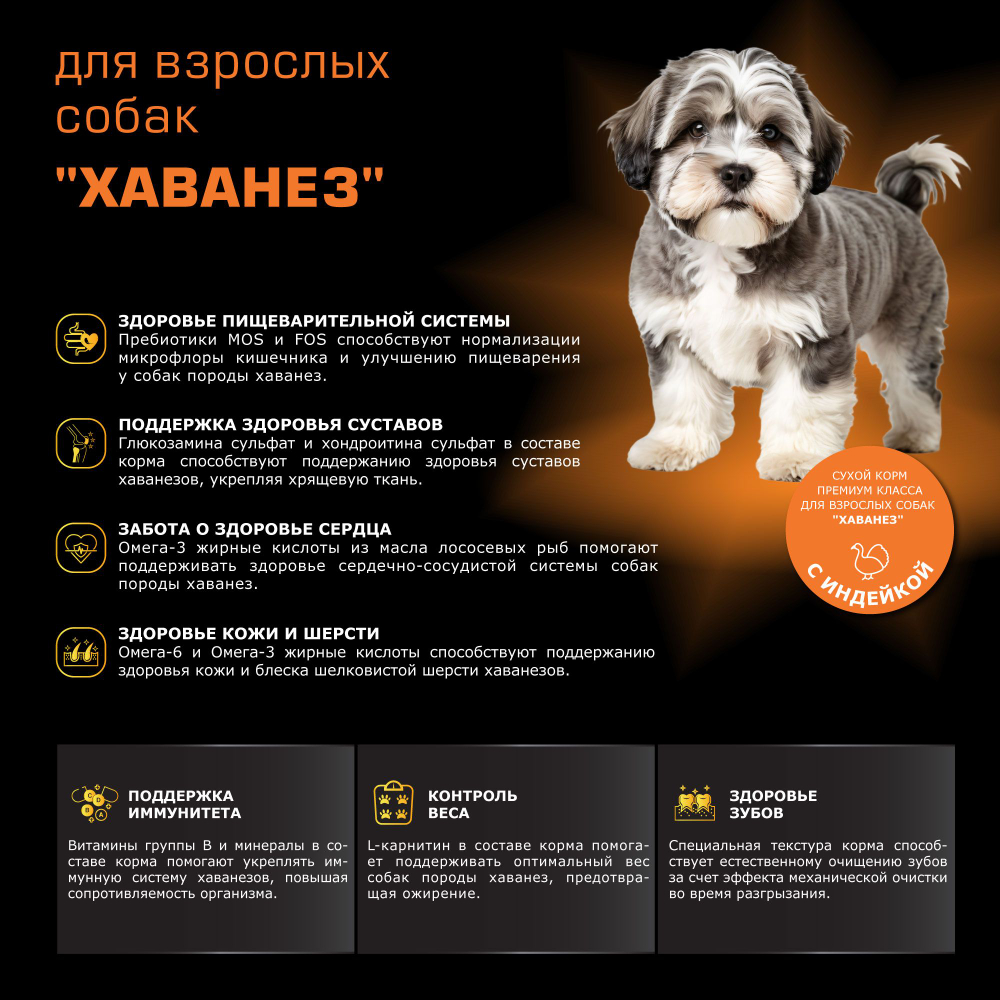 Корм сухой для взрослых собак породы Хаванез, с индейкой, 2,5 кг, QUATTRO