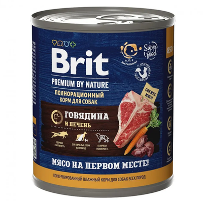 Brit premium by nature, консервы с говядиной и печенью для взрослых собак всех пород, 850г