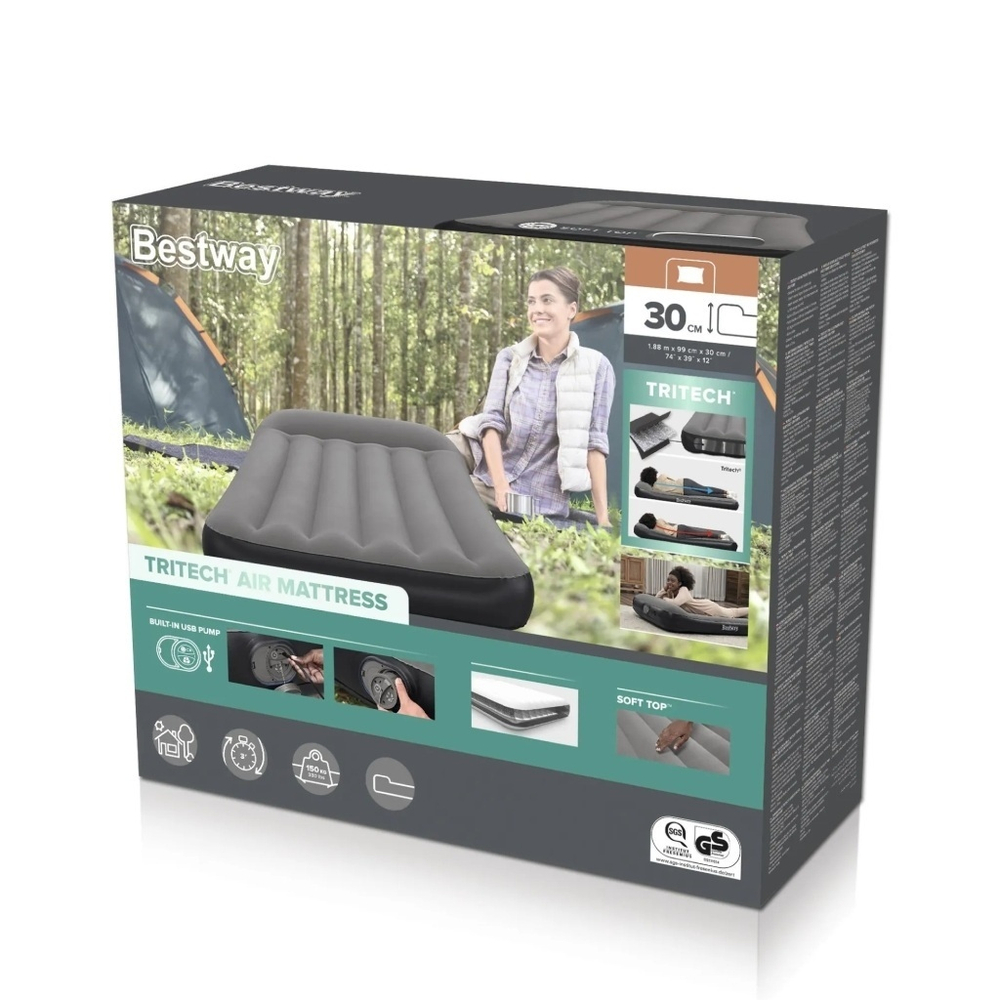 Матрас надувной Bestway, 188х99х30 см, 671BQ, нас встроен, электр, флок, 150 кг