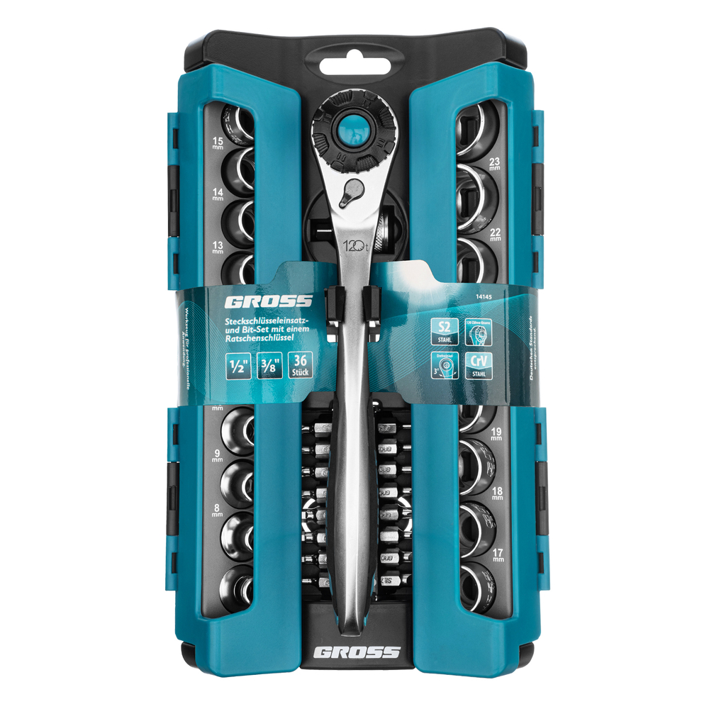 Набор торцевых головок, трещотка 120 зубьев, 1/2",3/8”, CrV, 36 предметов Gross