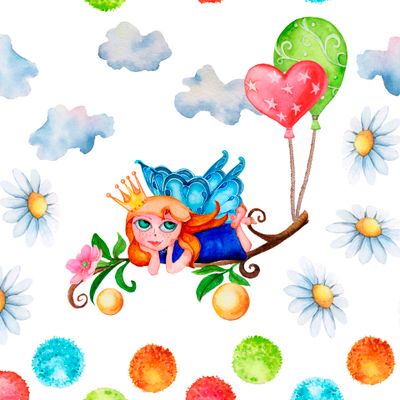 Seamless watercolor pattern on a white background princess fairy on an orange tree.