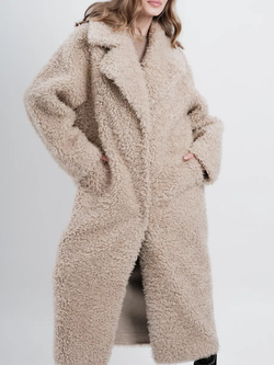 Шуба чебурашка длинная из овечьей шерсти, светло-бежевая, SilverFox