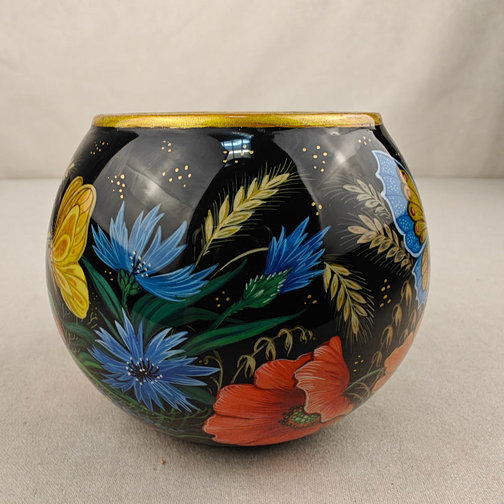 Вазочка с ручной росписью Палех "Маки и полевые цветы"