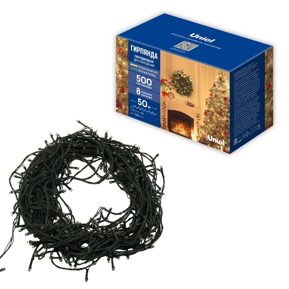 ULD-S5000-500-DGA WARM WHITE IP20 Гирлянда светодиодная. 50м. 500 светодиодов. Теплый белый свет. Провод зеленый. ТМ Uniel