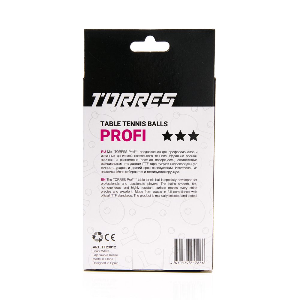 Мяч для наст. тенниса TORRES Profi 3*, диам. 40+мм, упак. 6 шт