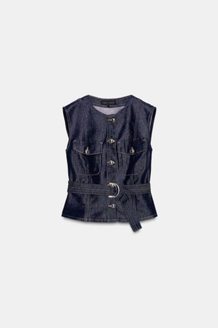 ZARA ДЖИНСОВЫЙ ЖИЛЕТ Z1975 С ПОЯСОМ, СИНИЙ