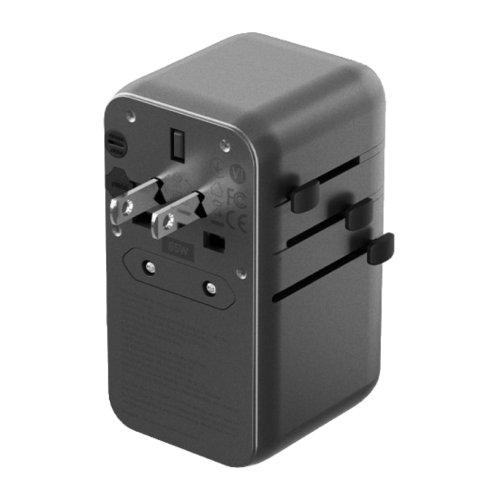 Универсальное сетевое зарядное устройство со встроенным кабелем Energea TravelWorld Adapter GaN85 мощностью 85 Вт (1 розетка, 3 USB-C, USB-A) (GaN) L-образный туристический мощный адаптер питания. Есть встроенный плоский кабель-рулетка USB-C (0,8 м), LED-