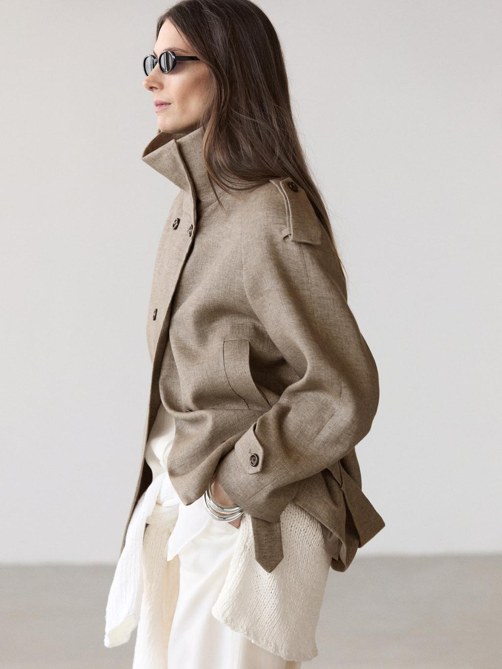 Massimo Dutti Тренч меланж из льна с высоким воротником, мышино-серый