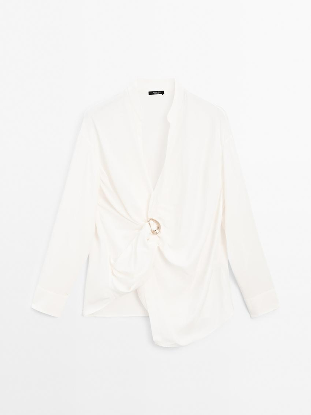 Massimo Dutti Блуза с узлом на вырезе и деталью «Брошь», натуральный, кремовый