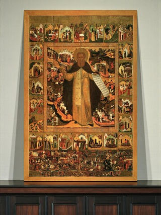 Сергий Радонежский святой преподобный игумен с житием и Куликовской битвой. Деревянная икона на левкасе