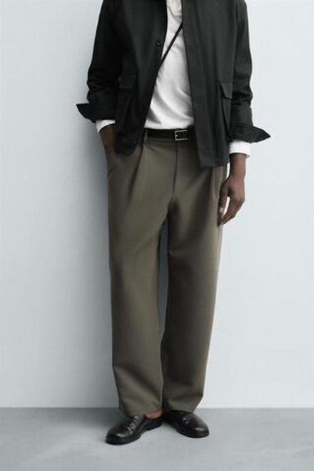ZARA БРЮКИ RELAXED FIT СО СКЛАДКАМИ, ЗЕЛЕНЫЙ