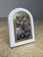 Георгий Победоносец, икона арочная, белое дерево, эмаль 57х75