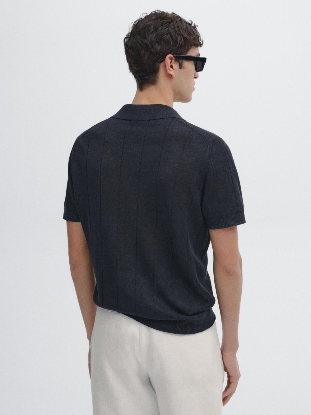 Massimo Dutti Льняной трикотажный свитер с воротником-поло, темно-синий