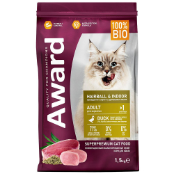 AWARD Hairball & Indoor для кошек с уткой и индейкой, с чечевицей и Юккой Шидигера 1,5кг