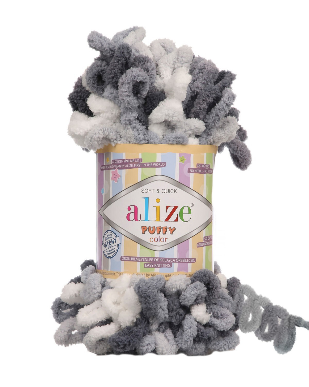 Пуффи колор (Puffy color) пряжа Alize 100%микрополиэстер 5х100г/9 м (5925 белый-черный)