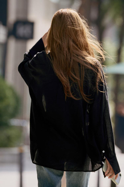 ZARA РУБАШКА ОВЕРСАЙЗ С КАРМАНОМ, ЧЕРНЫЙ