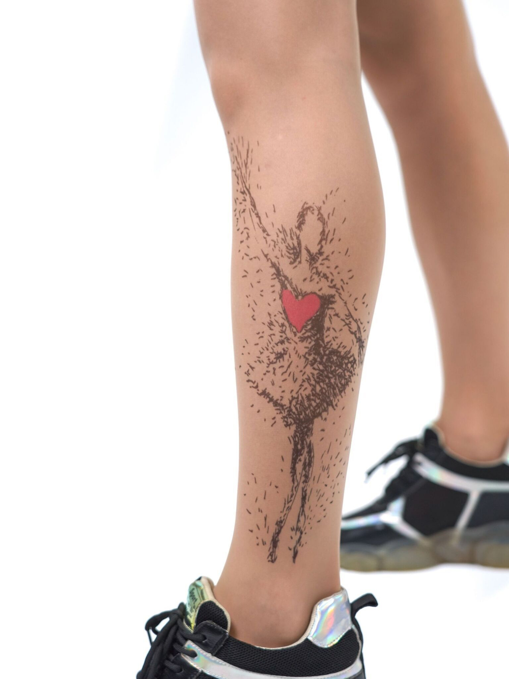 Колготки с принтом в виде балерины с большим сердцем (Размер: S-M-L) (Цвет: бежевый)