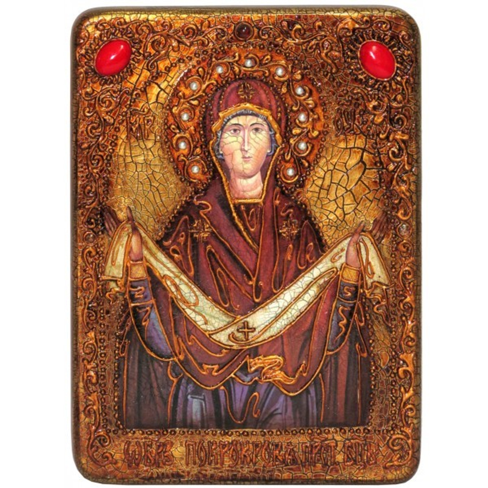 Инкрустированная рукописная икона Образ Божией Матери "Покров" 29х21см на натуральном дереве, в подарочной коробке