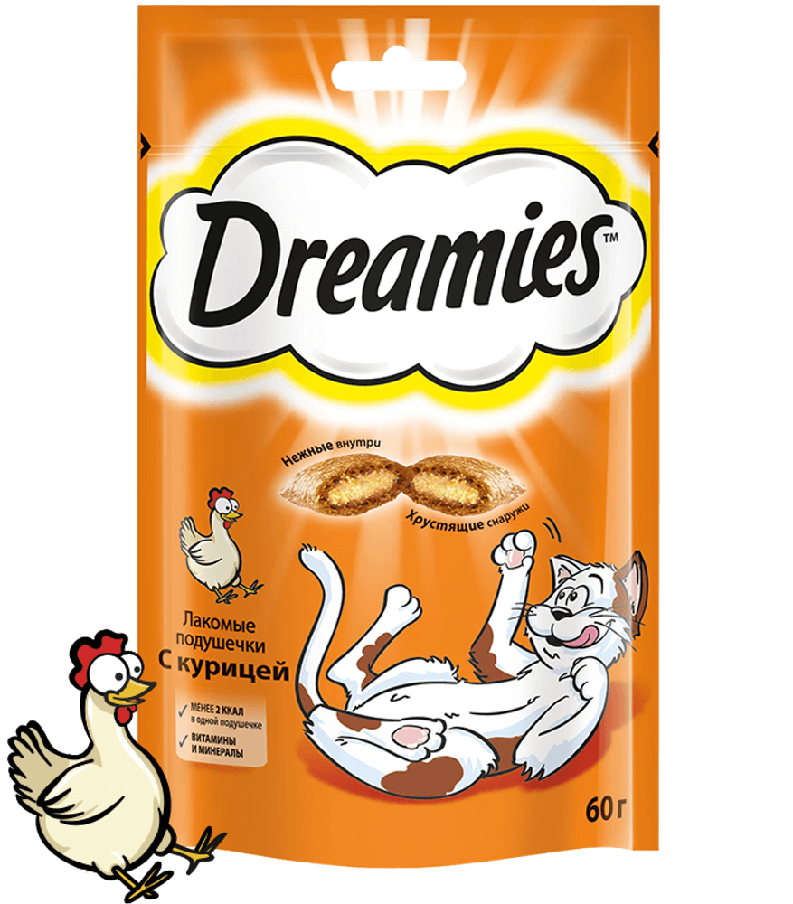 Лакомство Dreamies для кошек, лакомые подушечки с курицей, 60 г