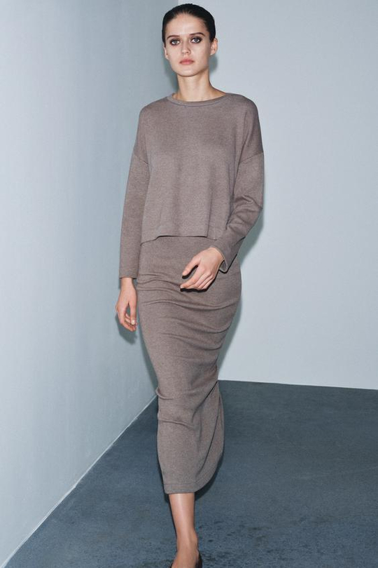 ZARA ЮБКА МИДИ ИЗ МЯГКОЙ ТКАНИ, КОРИЧНЕВЫЙ МЕЛАНЖ