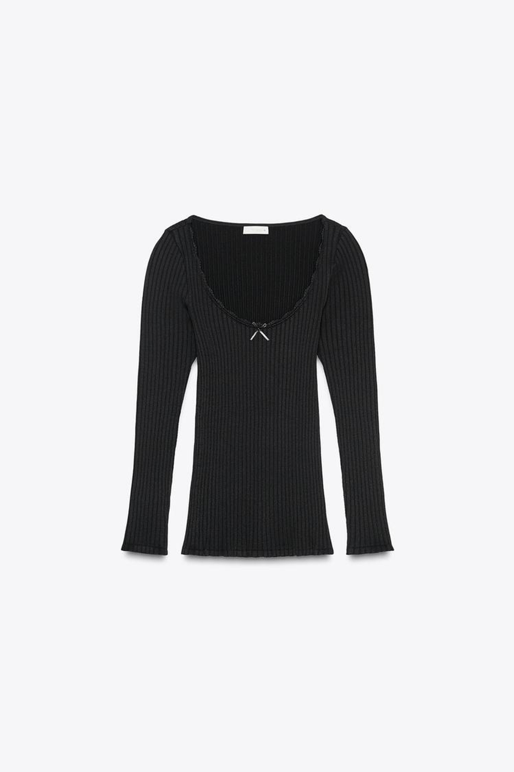 ZARA БЕСШОВНЫЙ ТОП В РУБЧИК С БАНТОМ, ЧЕРНЫЙ