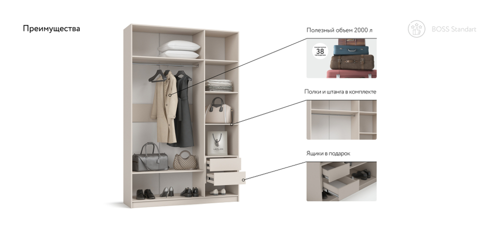 Шкаф BOSS STANDART 150 - 3Д Кашемир серый