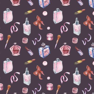 Косметика на бордовом фоне, акварельные рисунки, женские штучки