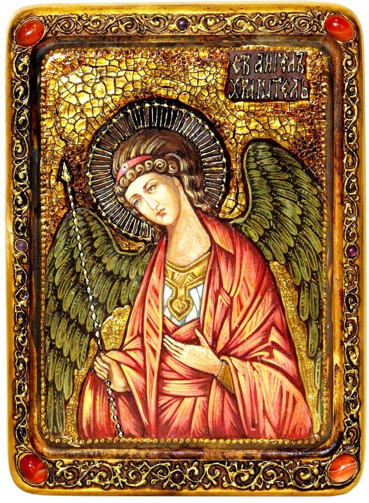 Инкрустированная живописная икона Ангел Хранитель 29х21см на натуральном кипарисе в подарочной коробке