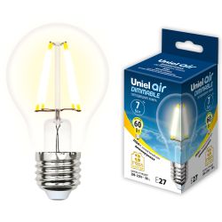 LED-A60-7W-WW-E27-CL-DIM GLA01TR Лампа светодиодная диммируемая. Форма A. прозрачная. Серия Air. Теплый белый свет 3000K. Картон. ТМ Uniel