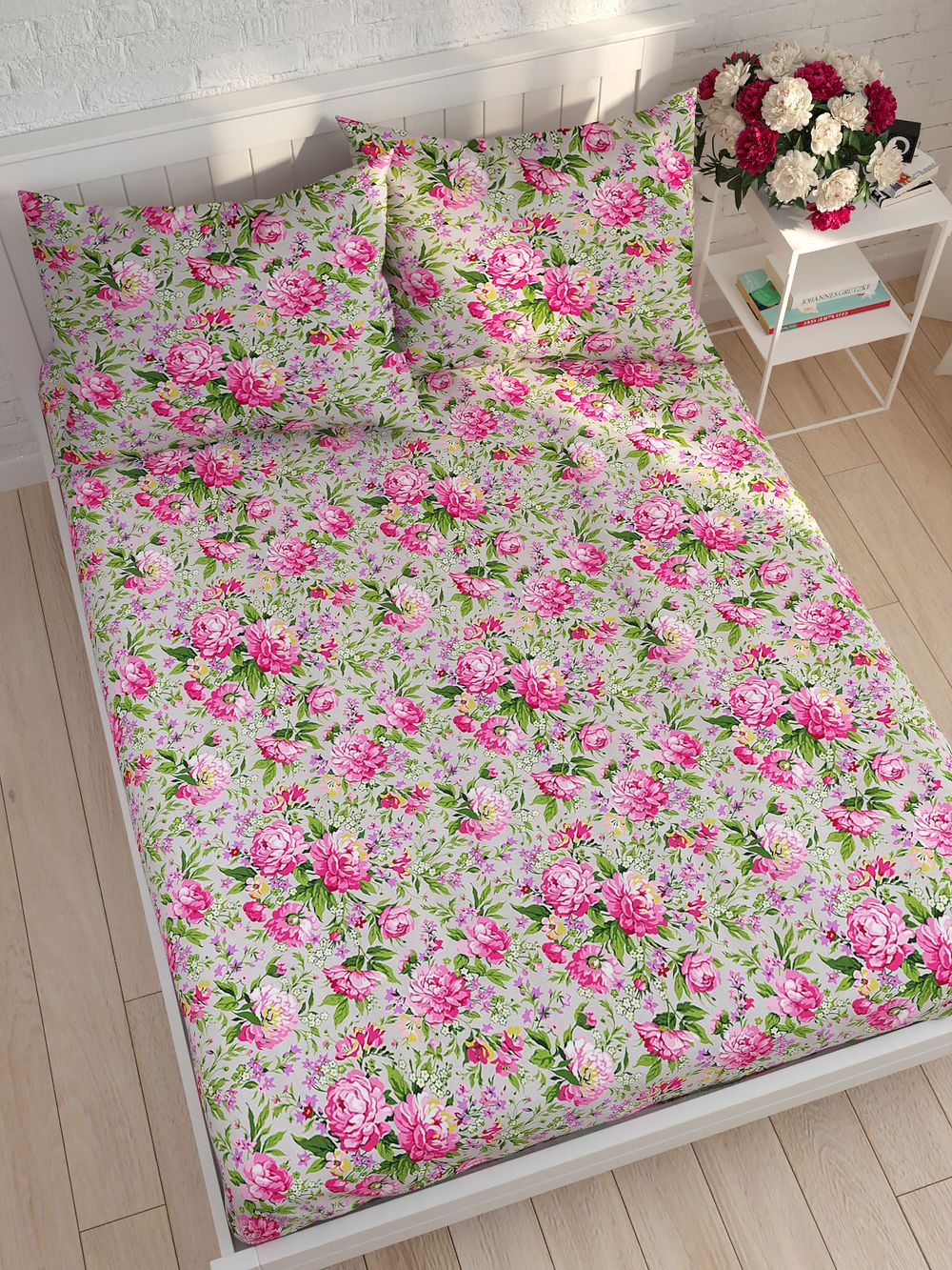 Простынь на резинке Сказка "Букет пионов" 120х200 см, перкаль