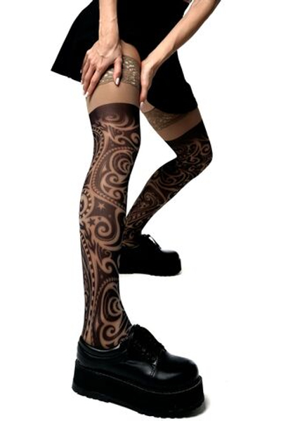 Черно-бежевые чулки с принтом в виде завитков (Размер: S-M-L) (Цвет: бежевый)