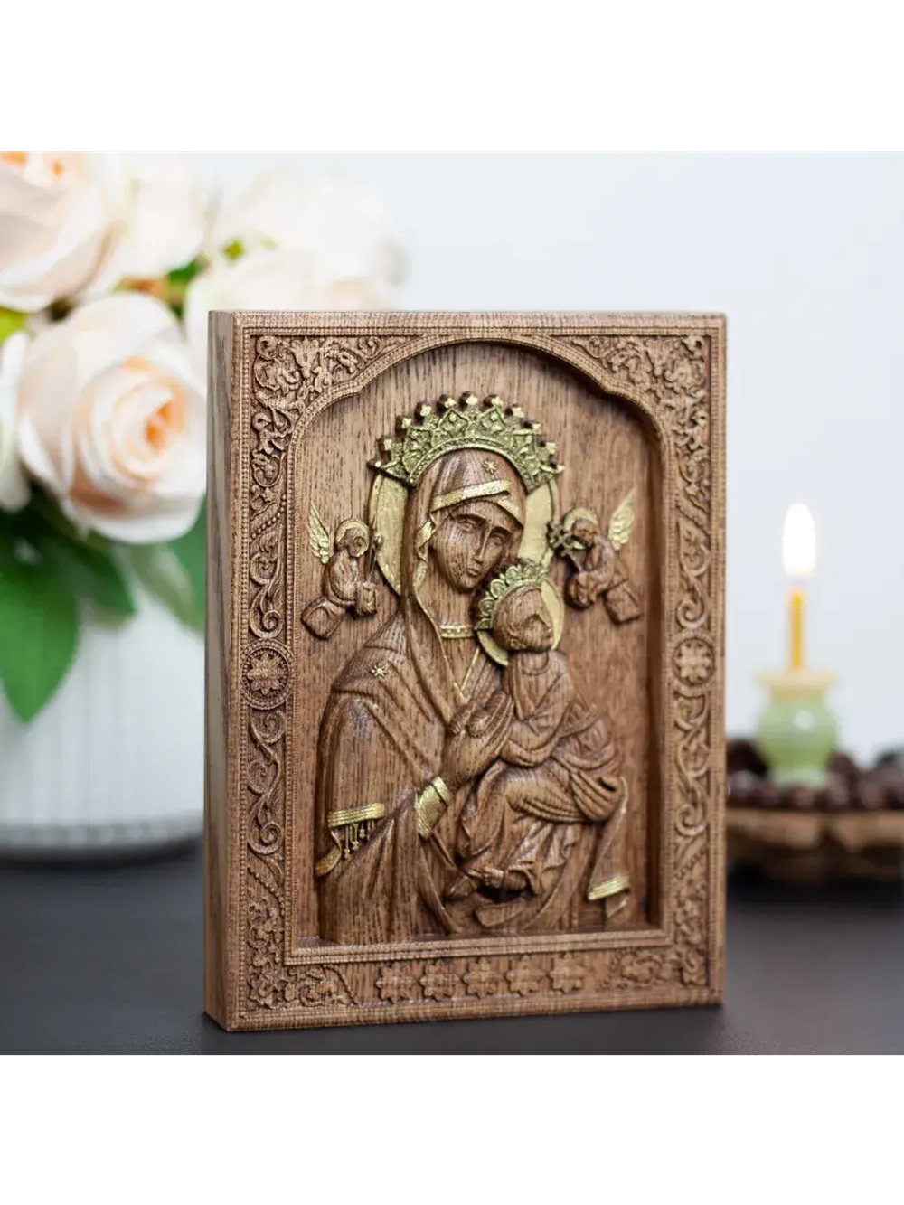 Неустанной Помощи икона Божией Матери деревянная, ясень 02