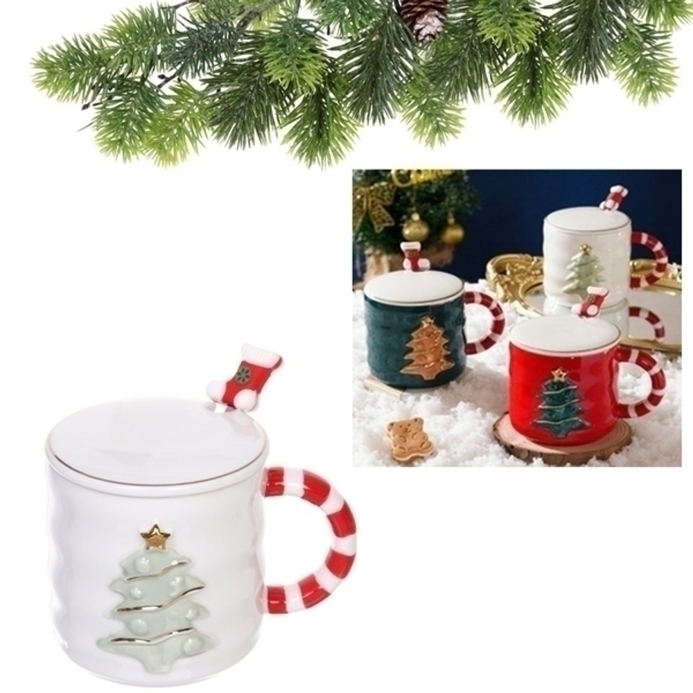 Кружка керамическая 380мл «Новогодняя ёлочка» с крышкой и ложкой